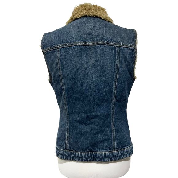 Vintage Gap Women’s Denim Vest with Faux Fur Tan Lining Blue Jean Y2K Sz Medium - Picture 5 of 9